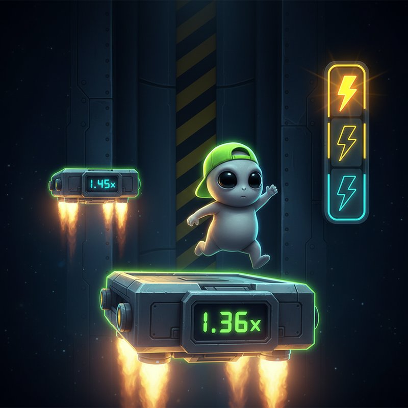Jumper slot game interface showing gray alien character with green cap standing on floating metal platform with cyan 1.36X multiplier, yellow rocket flames beneath, dark spacecraft hull background with bonus lightning progress tracker